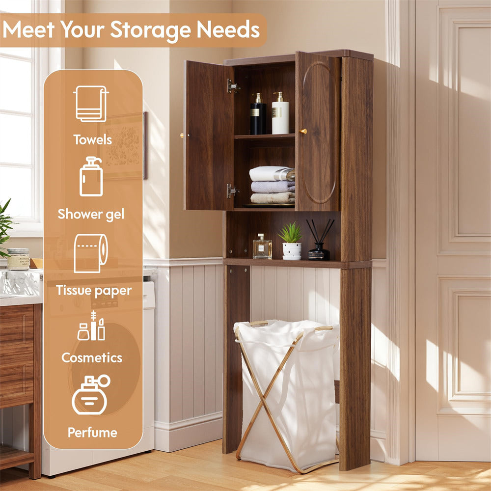 Wooden storage cabinet with open doors displaying towels and other items, accompanied by a vertical list of storage needs on the left.