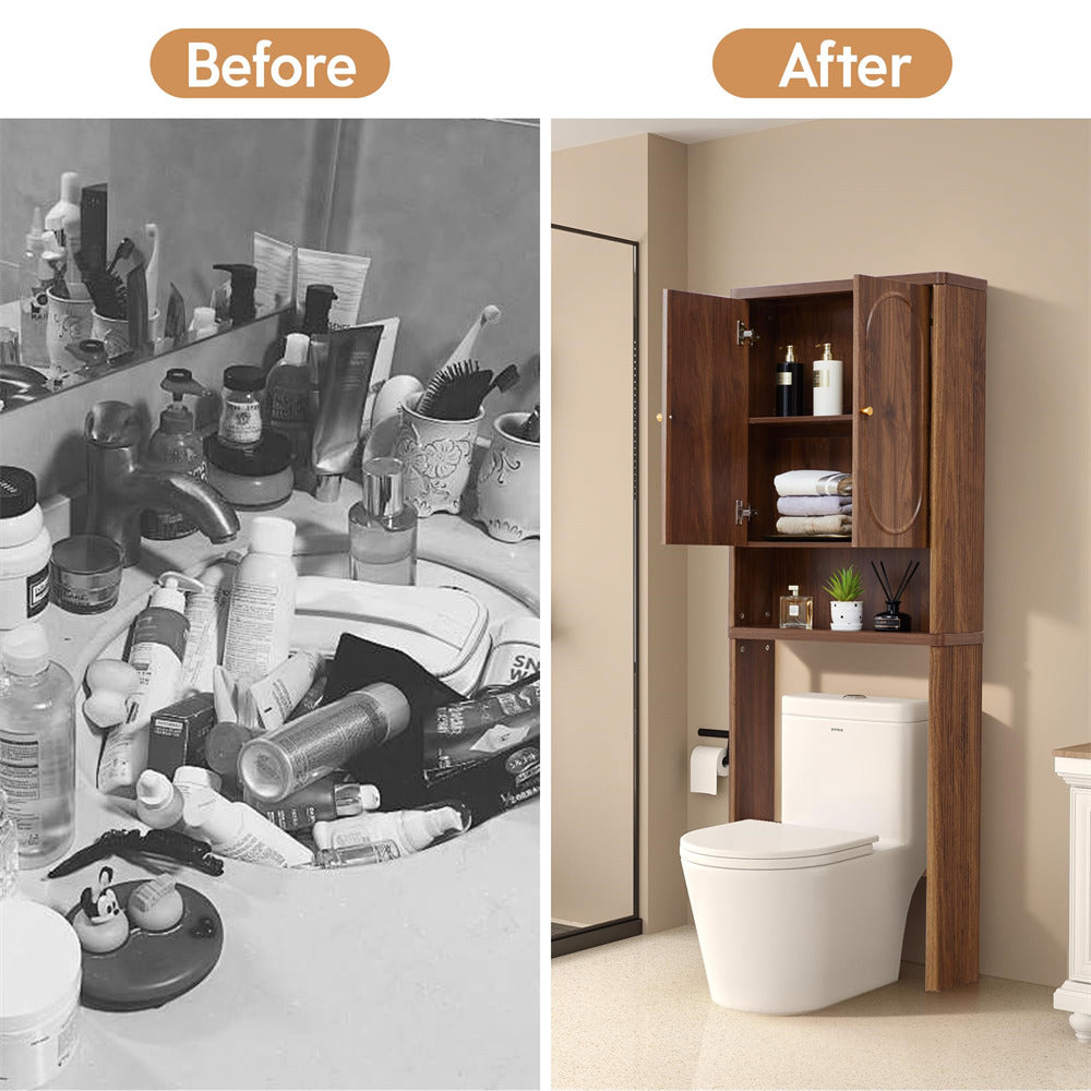 Before and after comparison of a bathroom setup with a cluttered counter and a wooden cabinet over a toilet.