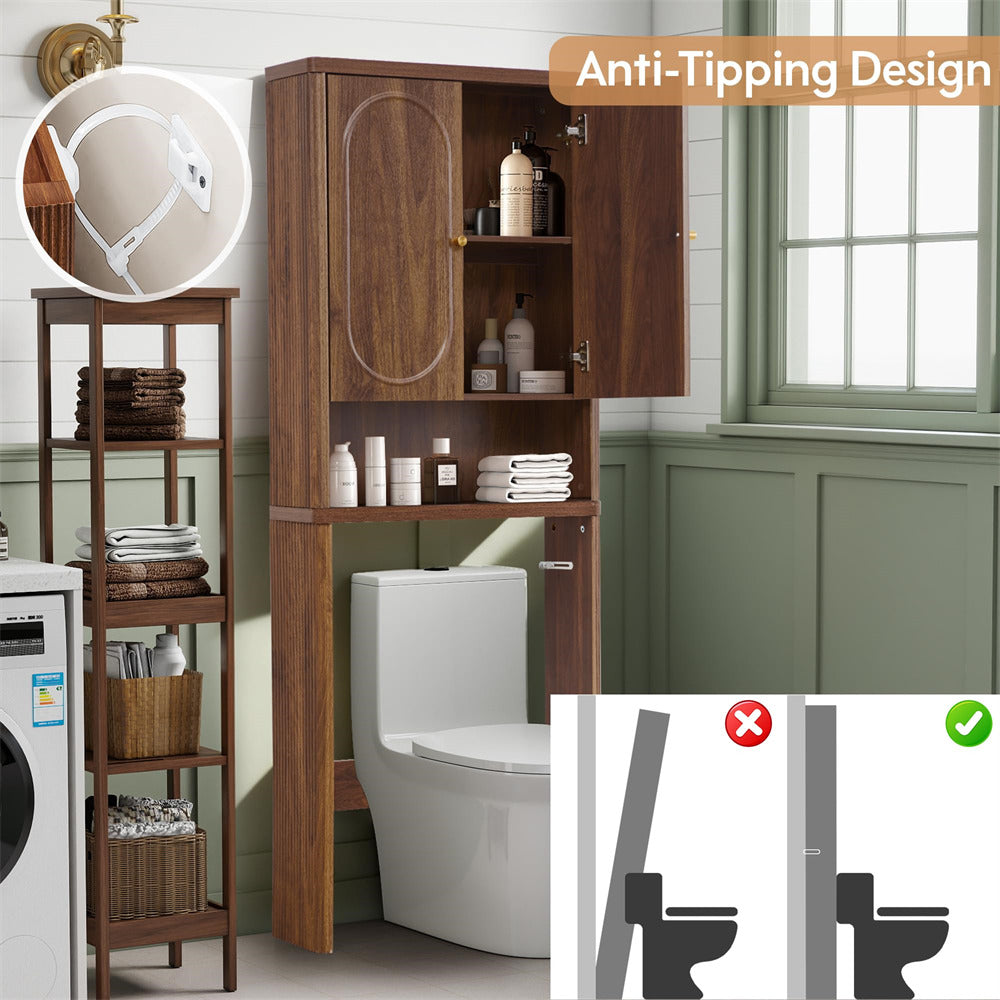 Bathroom setup with wooden storage cabinet over a toilet, featuring anti-tipping design illustration.