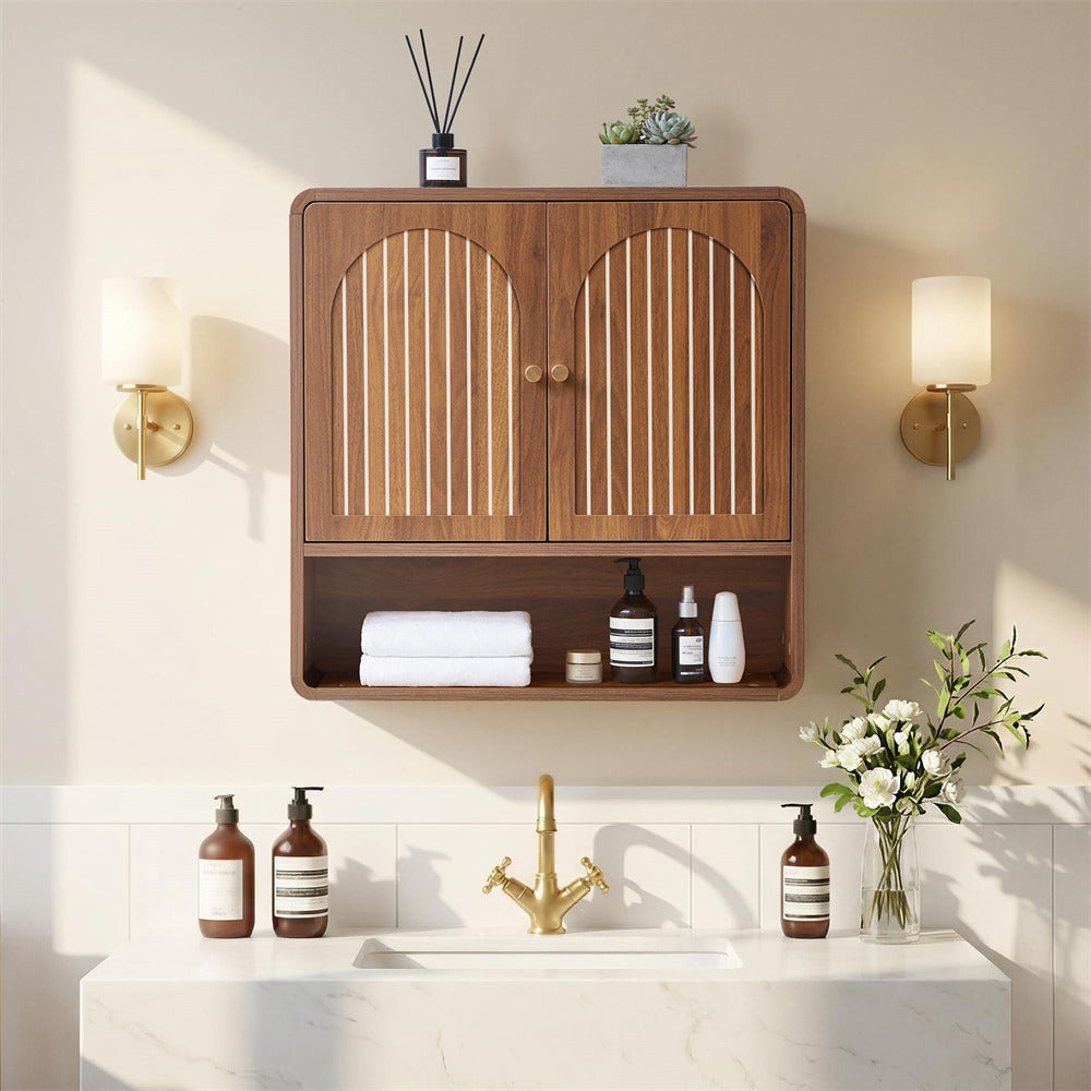Bathroom with wooden cabinet, sink, and decorative elements