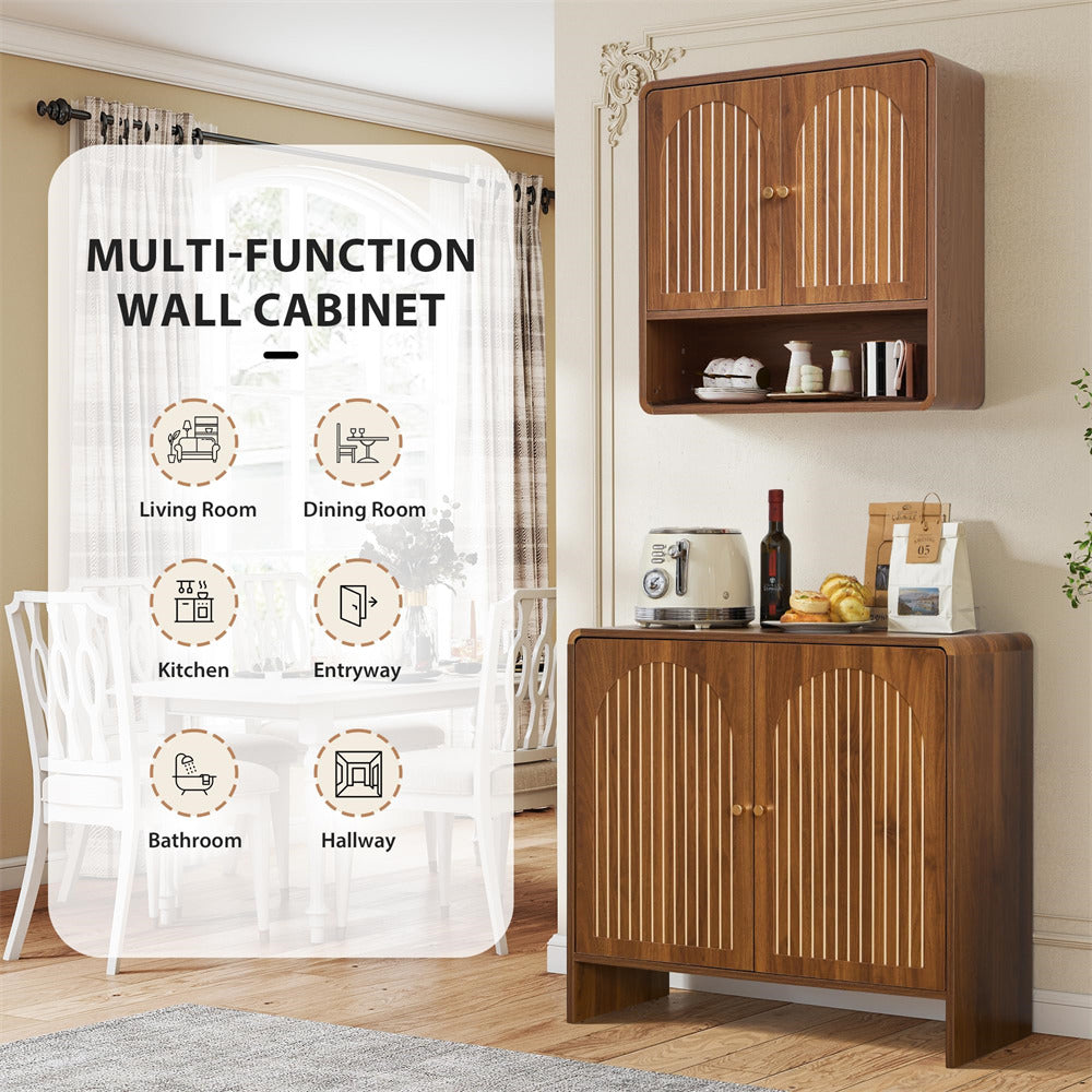 Wooden multi-function wall cabinet with living room, dining room, kitchen, entryway, bathroom, and hallway icons.
