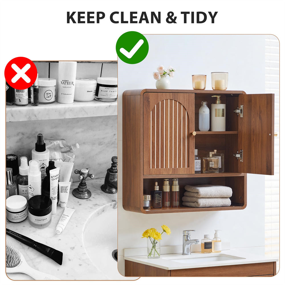 Bathroom scene with a before and after comparison of a cluttered counter and a clean, organized cabinet.