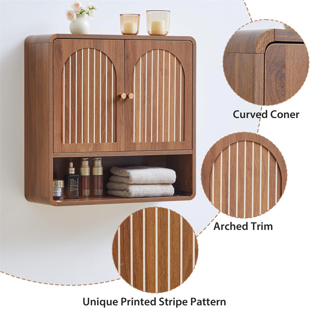 Wooden wall-mounted cabinet with curved corner, arched trim, and unique printed stripe pattern on a white background.