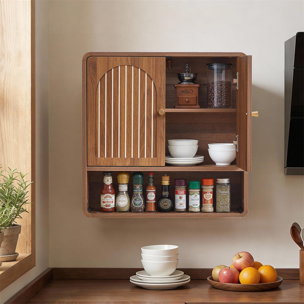 Wooden cabinet with shelves containing kitchen items in a room setting.