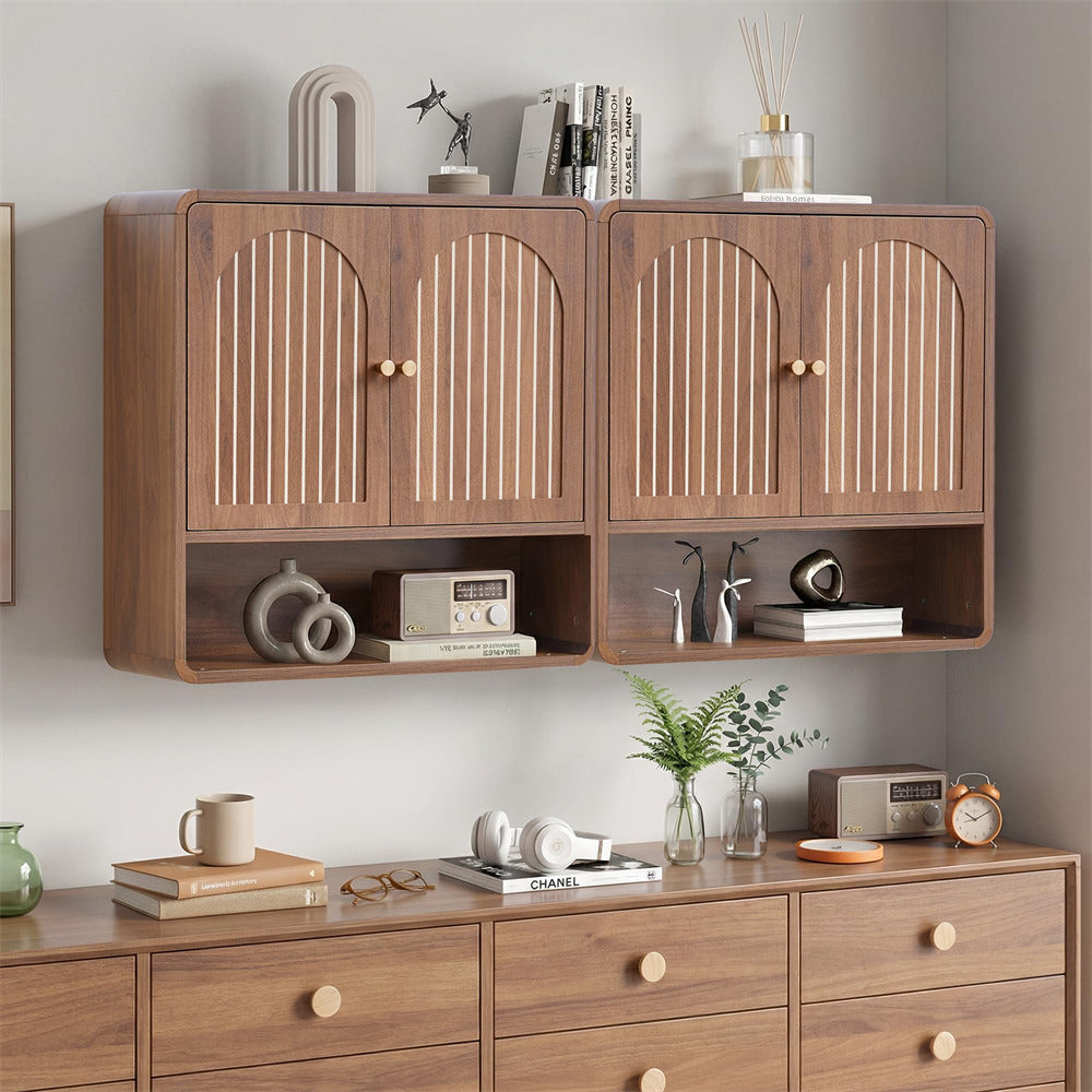 Wooden wall-mounted cabinet with shelves and drawers in a room setting.