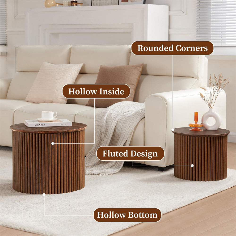 Wooden side tables with features highlighted in a living room setting