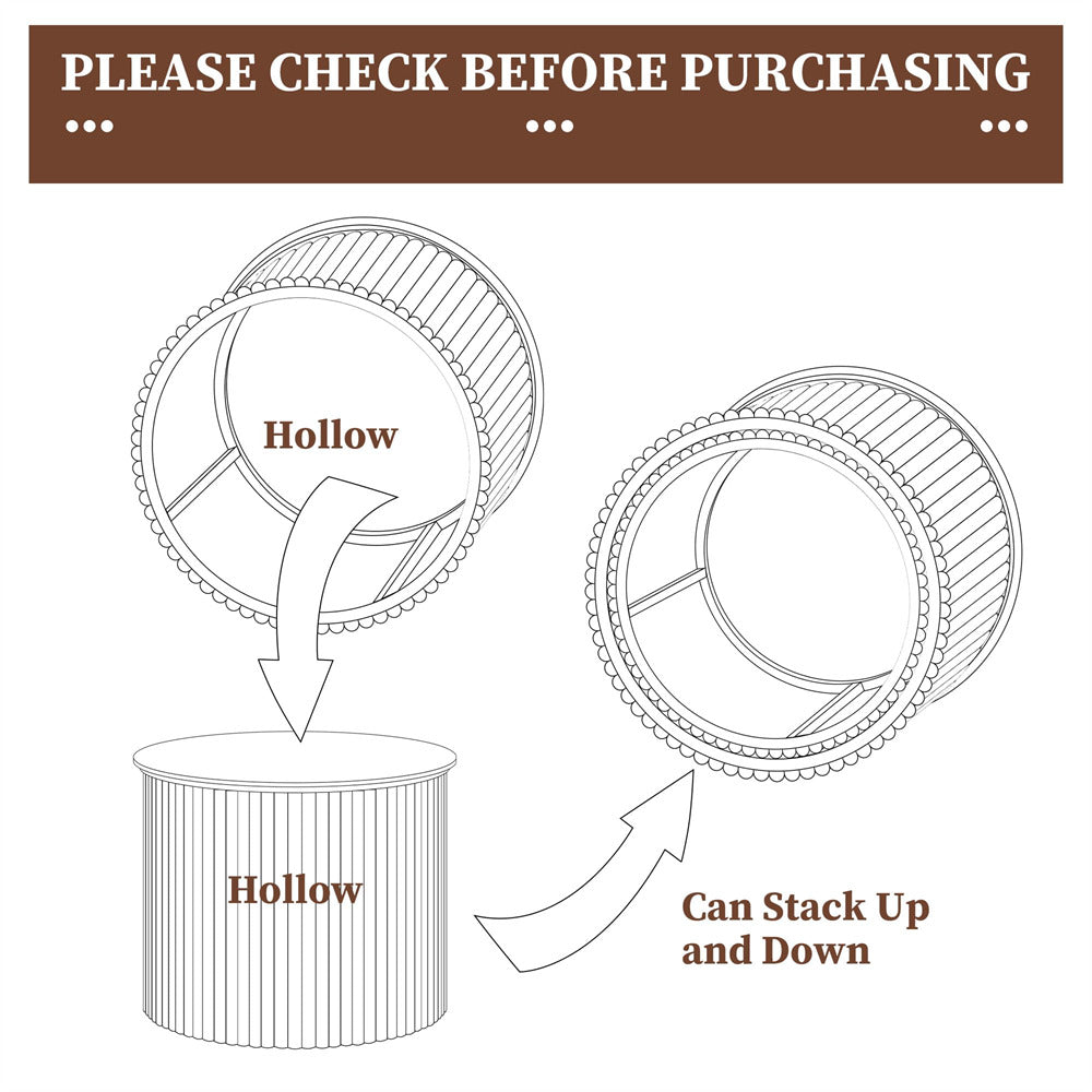 Diagram showing a hollow cylindrical object with circular ends, labeled 'Hollow' and 'Can Stack Up and Down'.