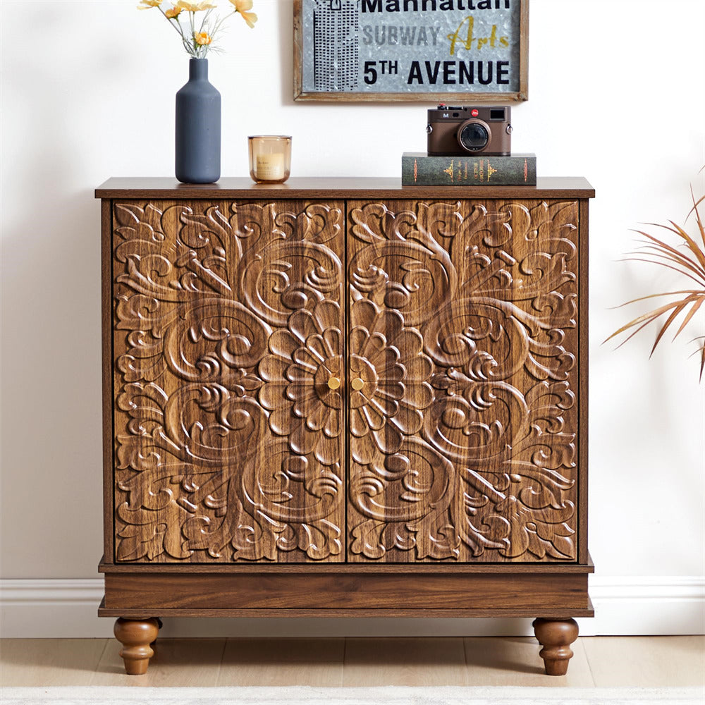 Wooden cabinet with intricate carvings in a room setting.
