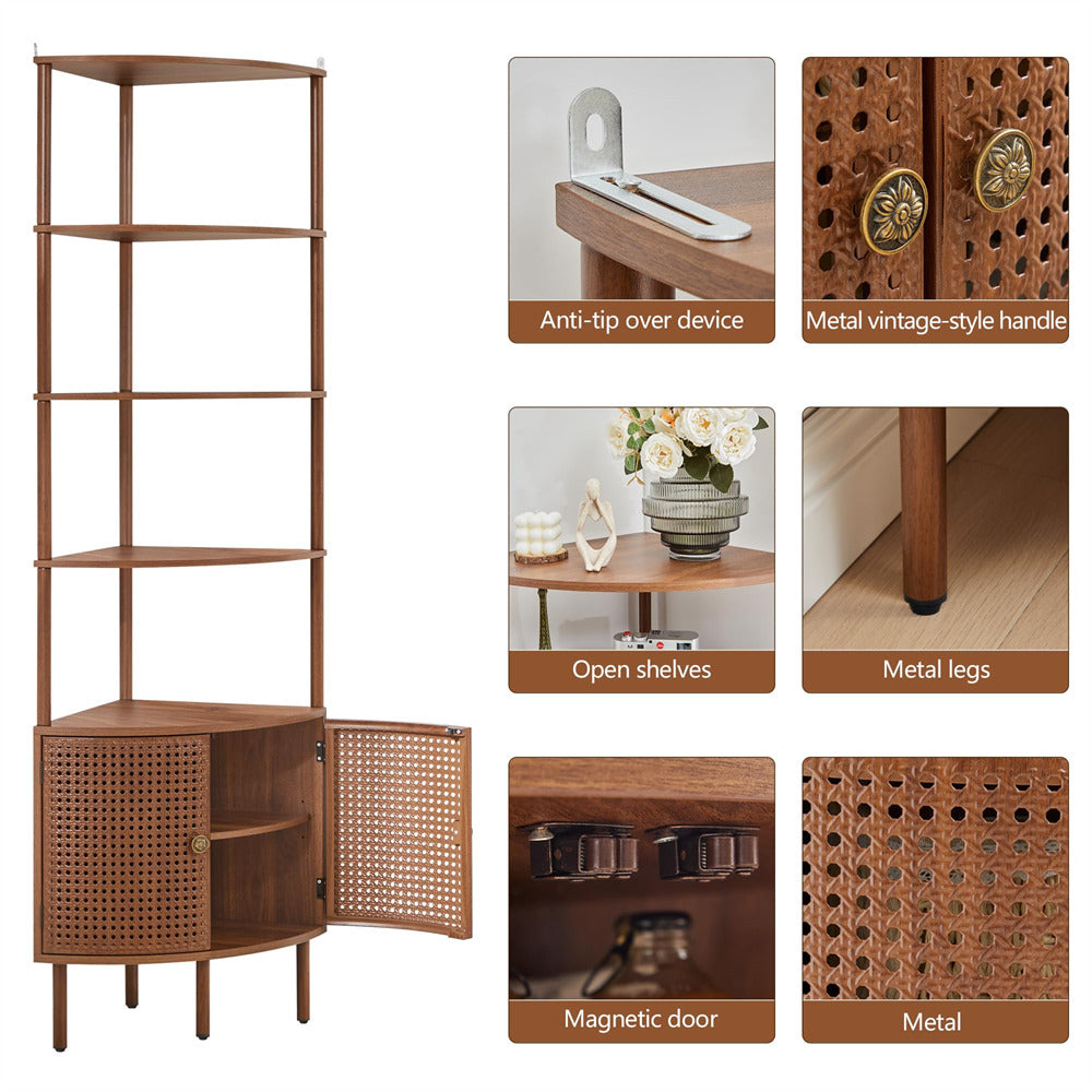 Wooden shelf with features highlighted, including anti-tip over device, metal vintage-style handle, open shelves, metal legs, magnetic door, and metal accents.