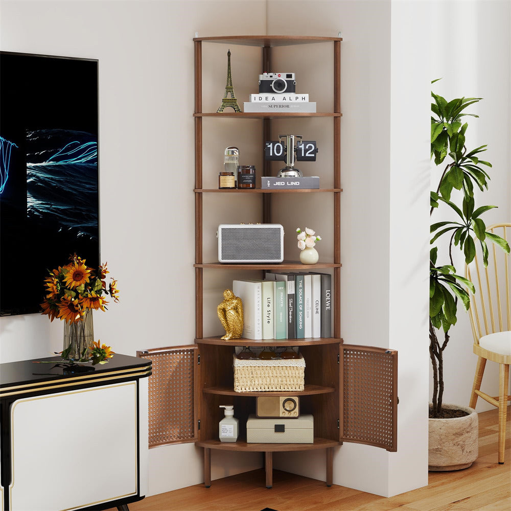 Wooden corner shelf with open doors in a living room setting