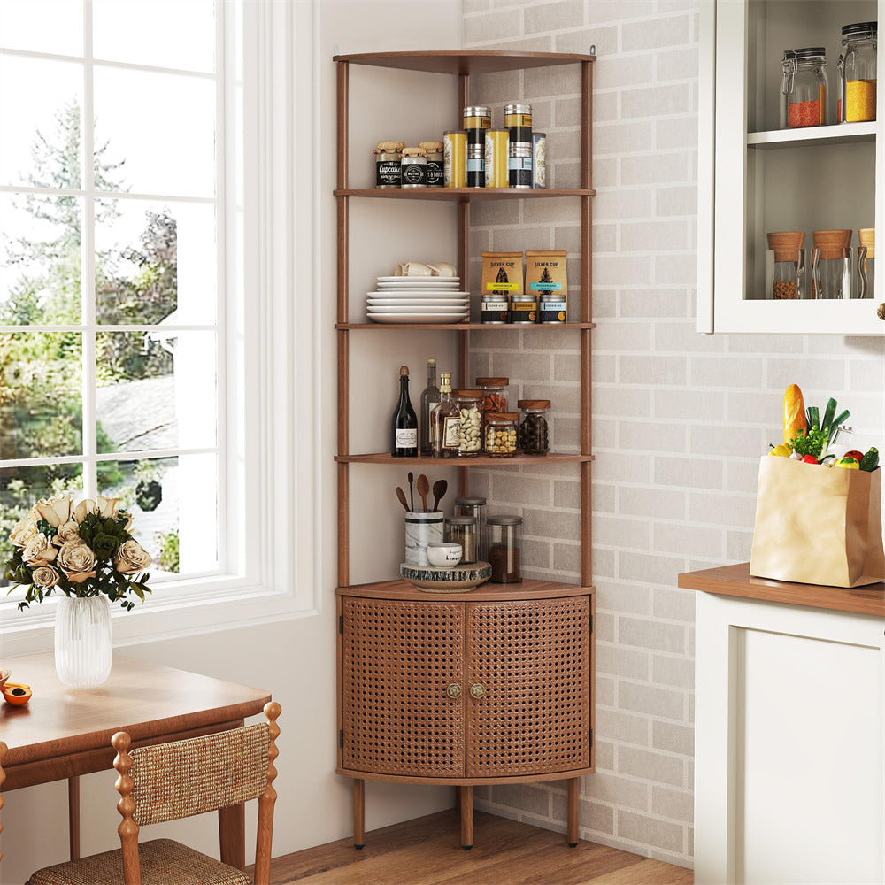 Kitchen corner with wooden shelf and cabinets, window, and countertop.