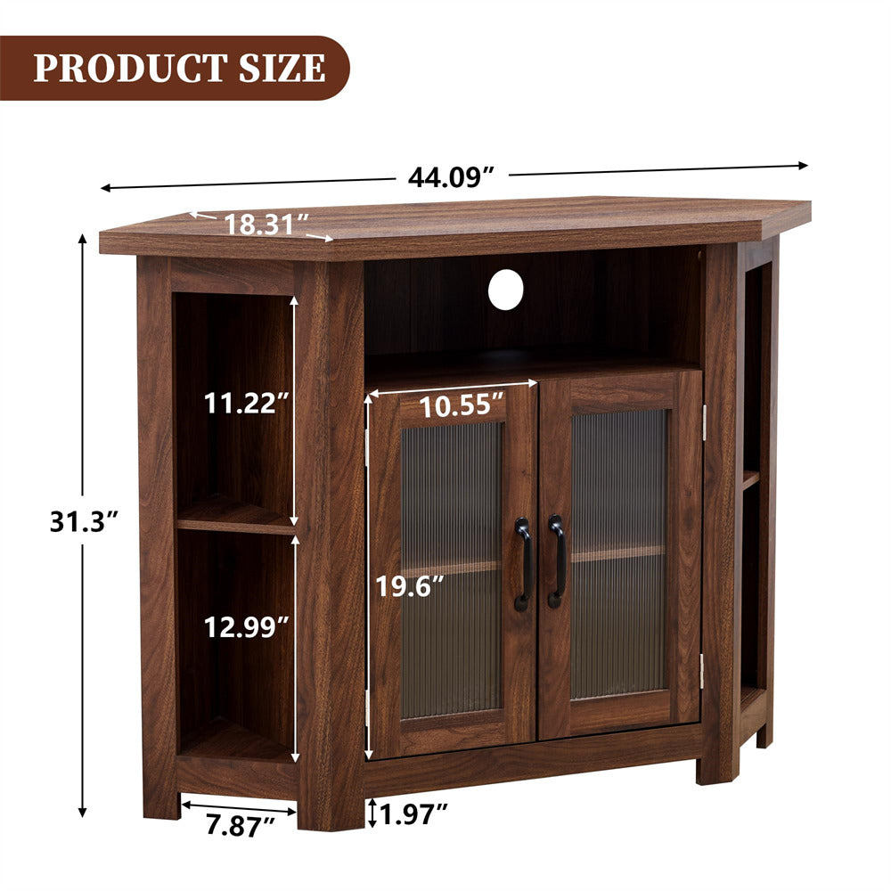 Wooden TV stand with dimensions labeled on a white background