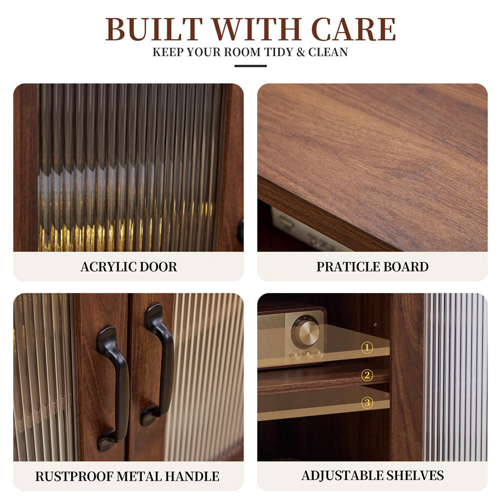 Collage of wooden furniture features with text 'Built with Care' and product names.