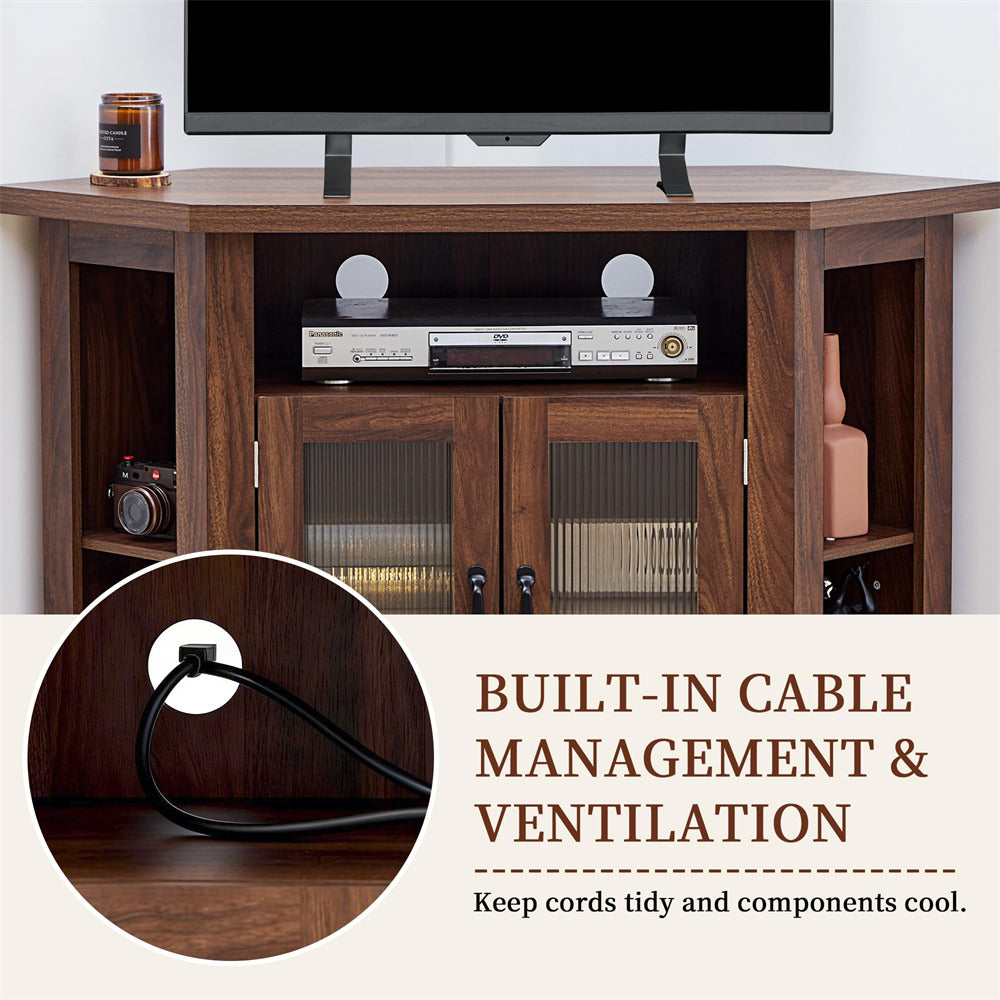 Wooden TV stand with built-in cable management and ventilation system.