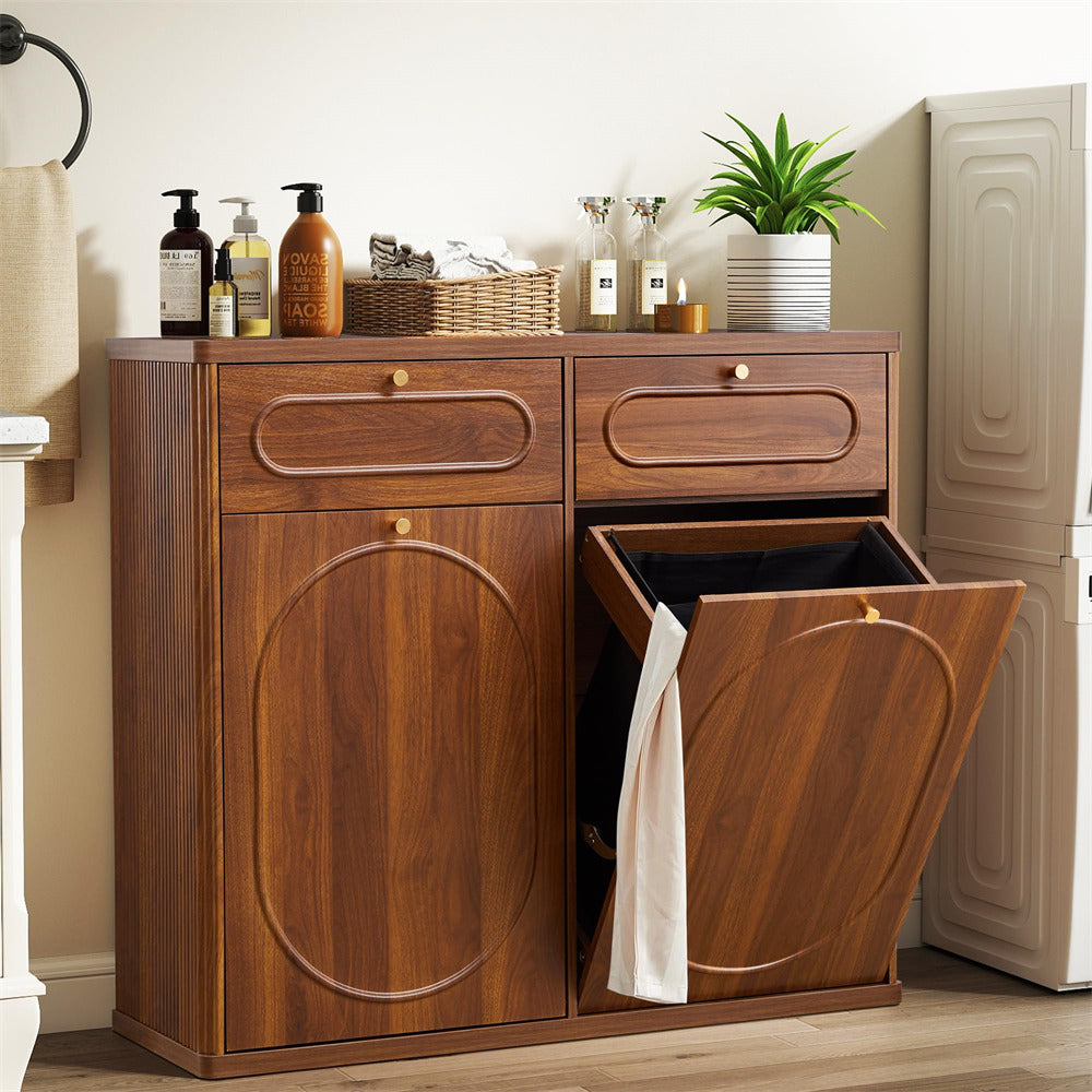 Wooden cabinet with open trash bin in a bathroom setting