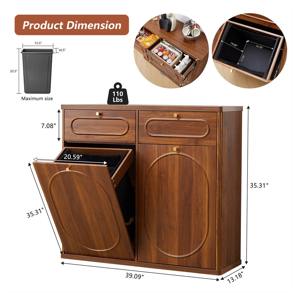 Walnut Double Tilt Out Wood Kitchen Garbage Bin Farmhouse Hidden Trash Can with Drawers