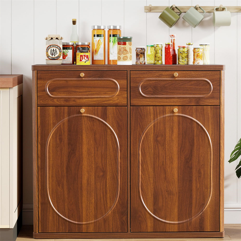 Walnut Double Tilt Out Wood Kitchen Garbage Bin Farmhouse Hidden Trash Can with Drawers