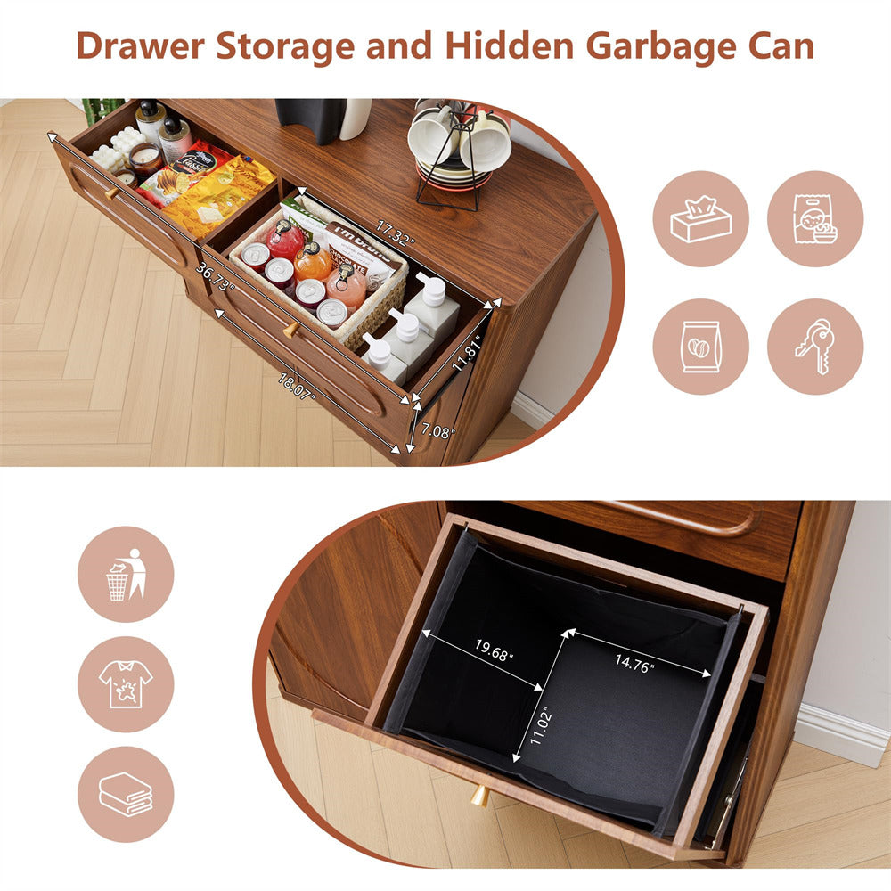 Wooden drawer with storage compartments and hidden garbage can feature, showing dimensions.