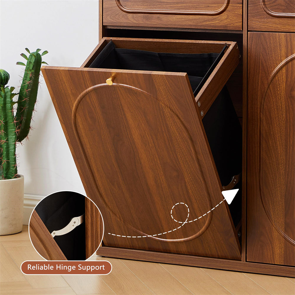 Wooden cabinet with open trash bin and cactus plant in the background