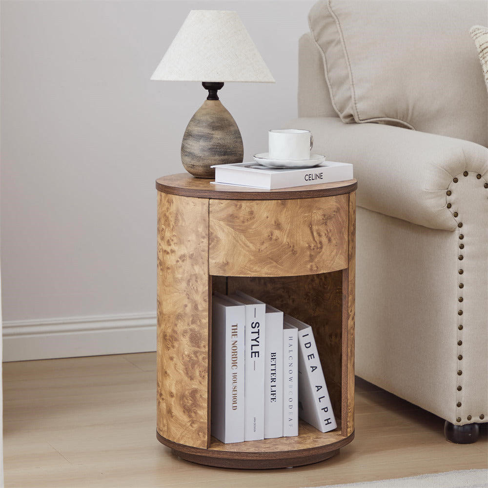 Walnut Farmhouse Burl Wood Side Table Round Nightstand with Open Shelf and Drawer