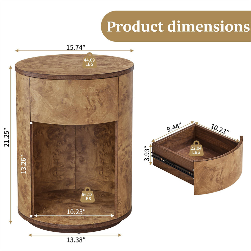 Walnut Farmhouse Burl Wood Side Table Round Nightstand with Open Shelf and Drawer