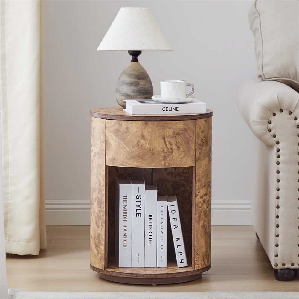 Walnut Farmhouse Burl Wood Side Table Round Nightstand with Open Shelf and Drawer