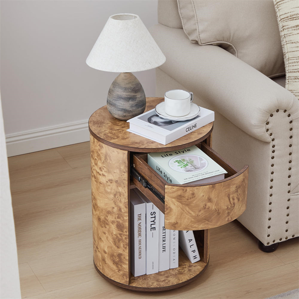 Walnut Farmhouse Burl Wood Side Table Round Nightstand with Open Shelf and Drawer