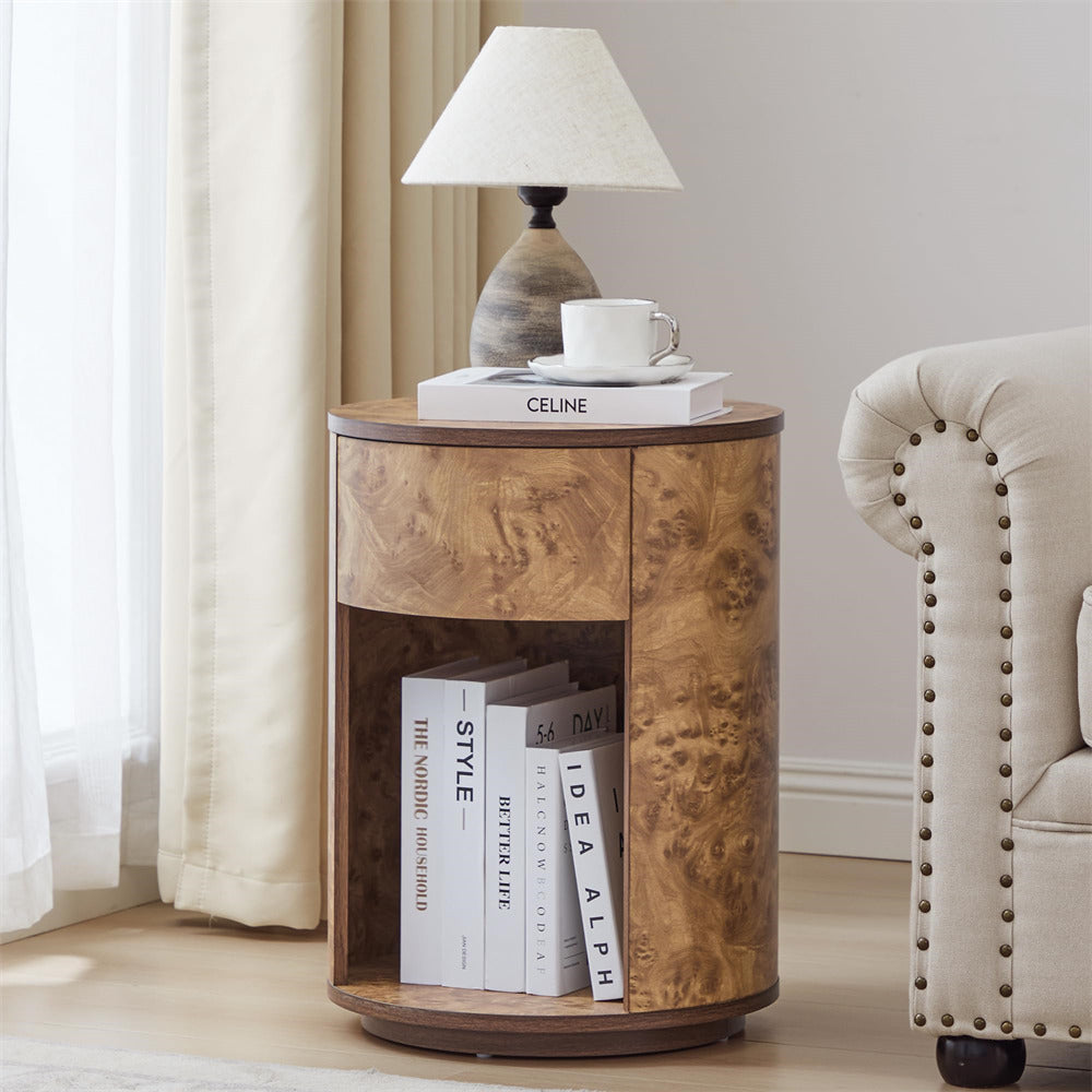 Walnut Farmhouse Burl Wood Side Table Round Nightstand with Open Shelf and Drawer