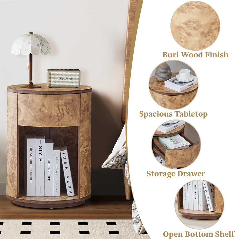 Walnut Farmhouse Burl Wood Side Table Round Nightstand with Open Shelf and Drawer