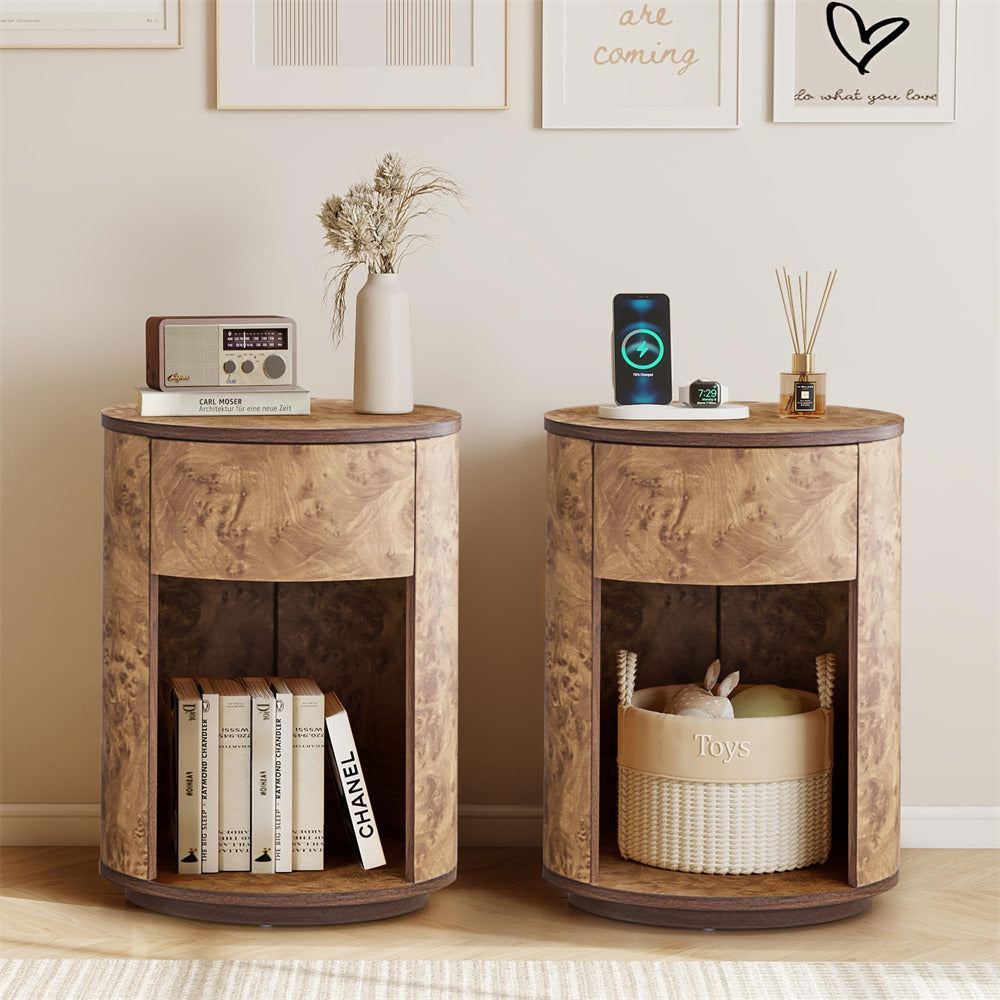 Walnut Farmhouse Burl Wood Side Table Round Nightstand with Open Shelf and Drawer