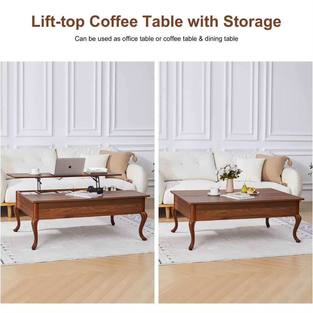 Wooden lift-top coffee table with storage in a living room setting