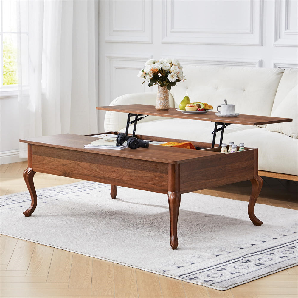 Wooden coffee table with lift-top design in a living room setting.