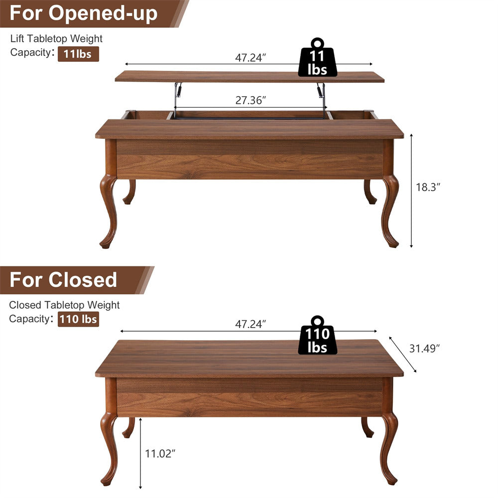 Wooden table with open and closed top, showing weight capacity and dimensions.