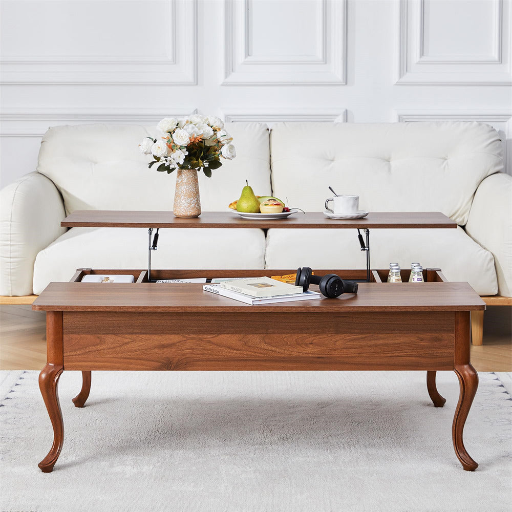 Wooden coffee table with decorative items in a living room setting
