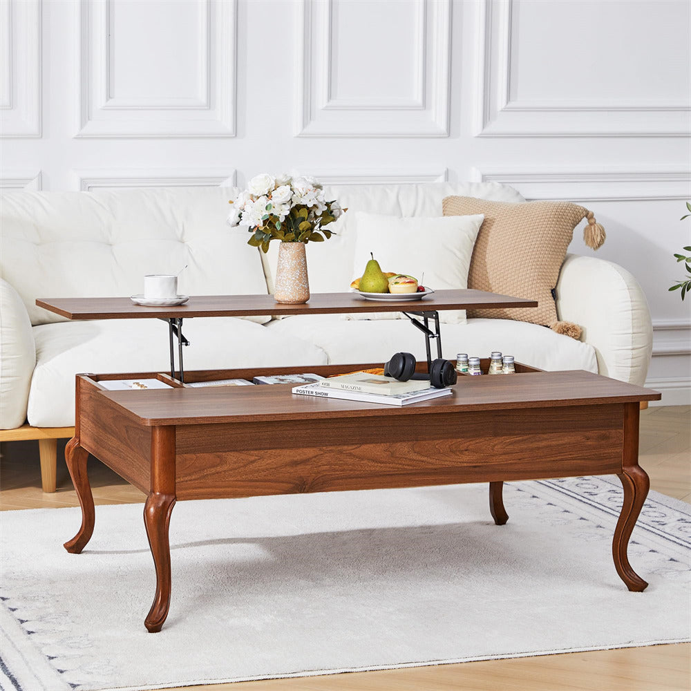 Wooden coffee table with lift-top feature in a living room setting.