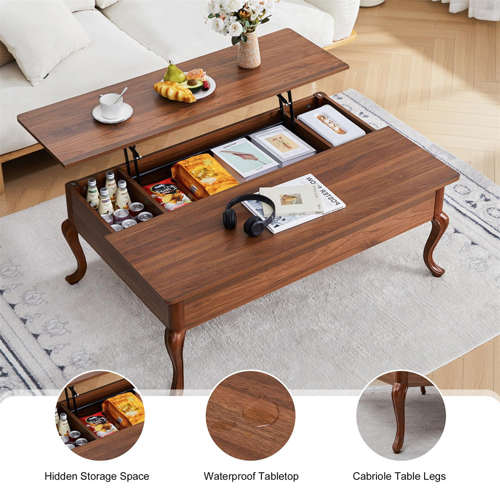 Wooden coffee table with hidden storage compartments in a living room setting.