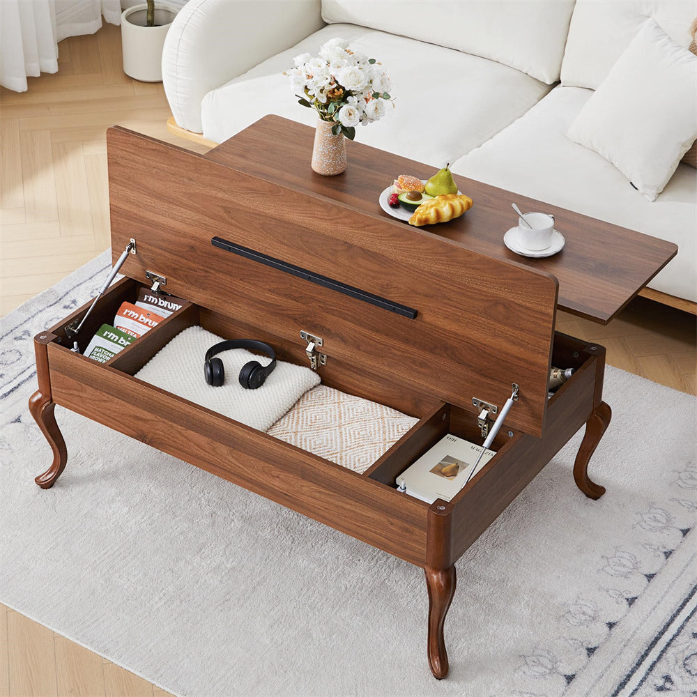 Wooden coffee table with storage compartments in a living room setting