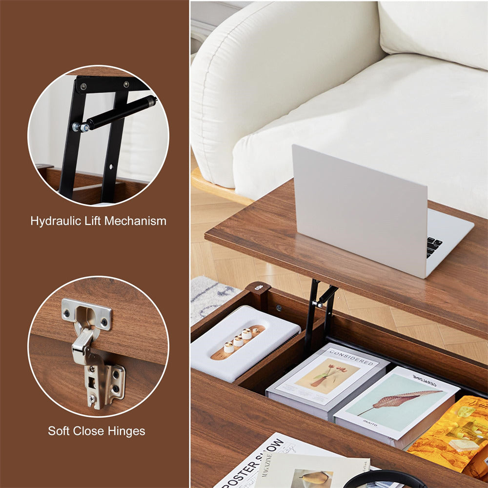 Wooden coffee table with laptop and books, showing hydraulic lift mechanism and soft close hinges.