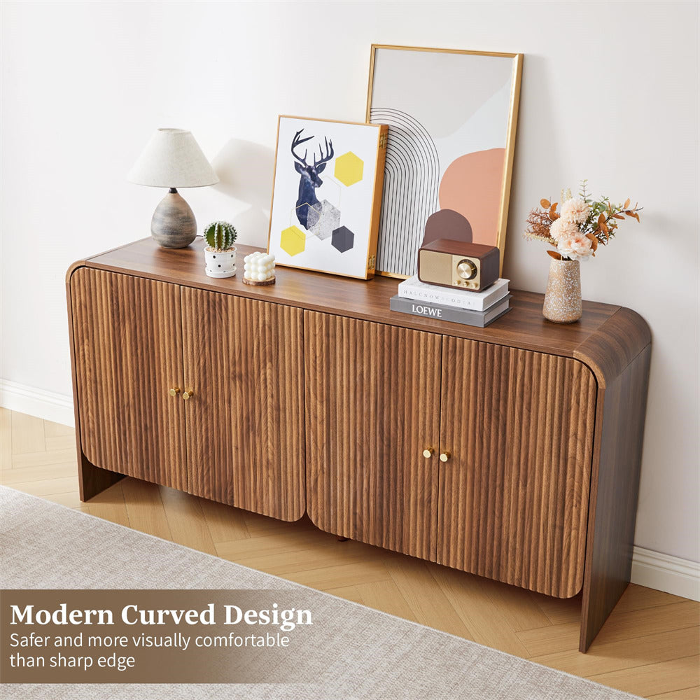 Wooden sideboard with decorative items in a room setting