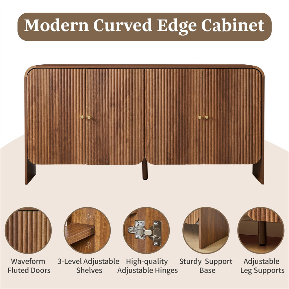 Wooden cabinet with curved edges and features listed below on a beige background