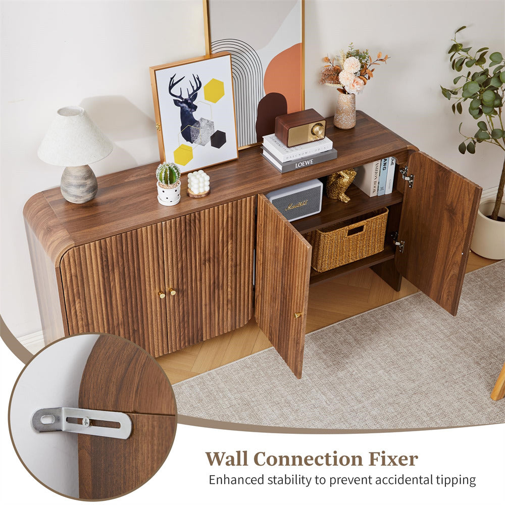 Wooden sideboard with open doors in a room setting, featuring a wall connection fixer.