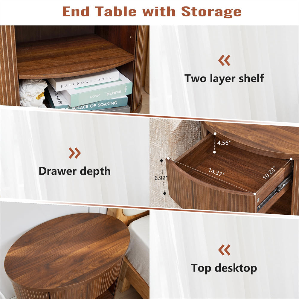 Wooden end table with storage showing two-layer shelf, drawer depth, and top desktop dimensions.