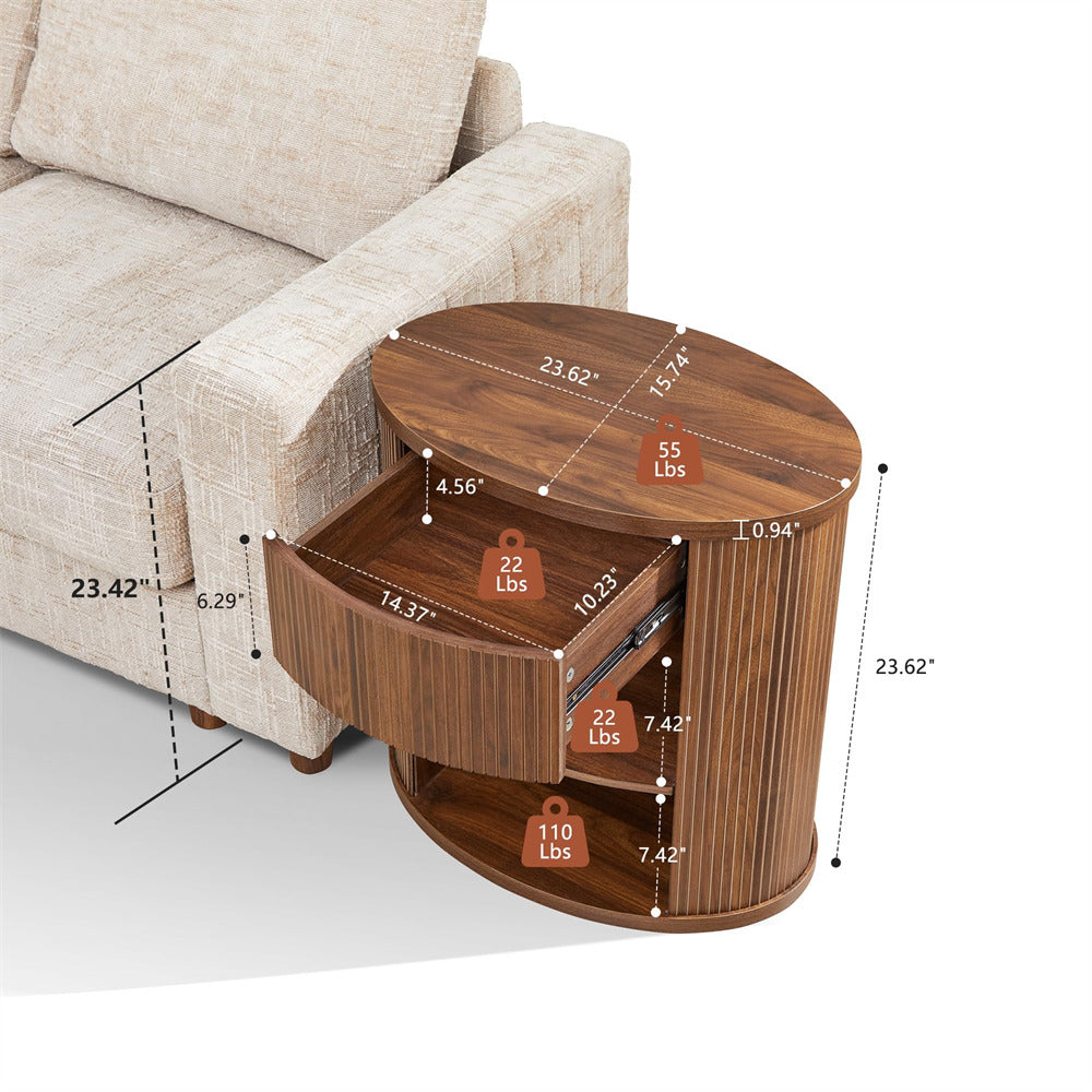 Wooden side table with measurements next to a beige sofa