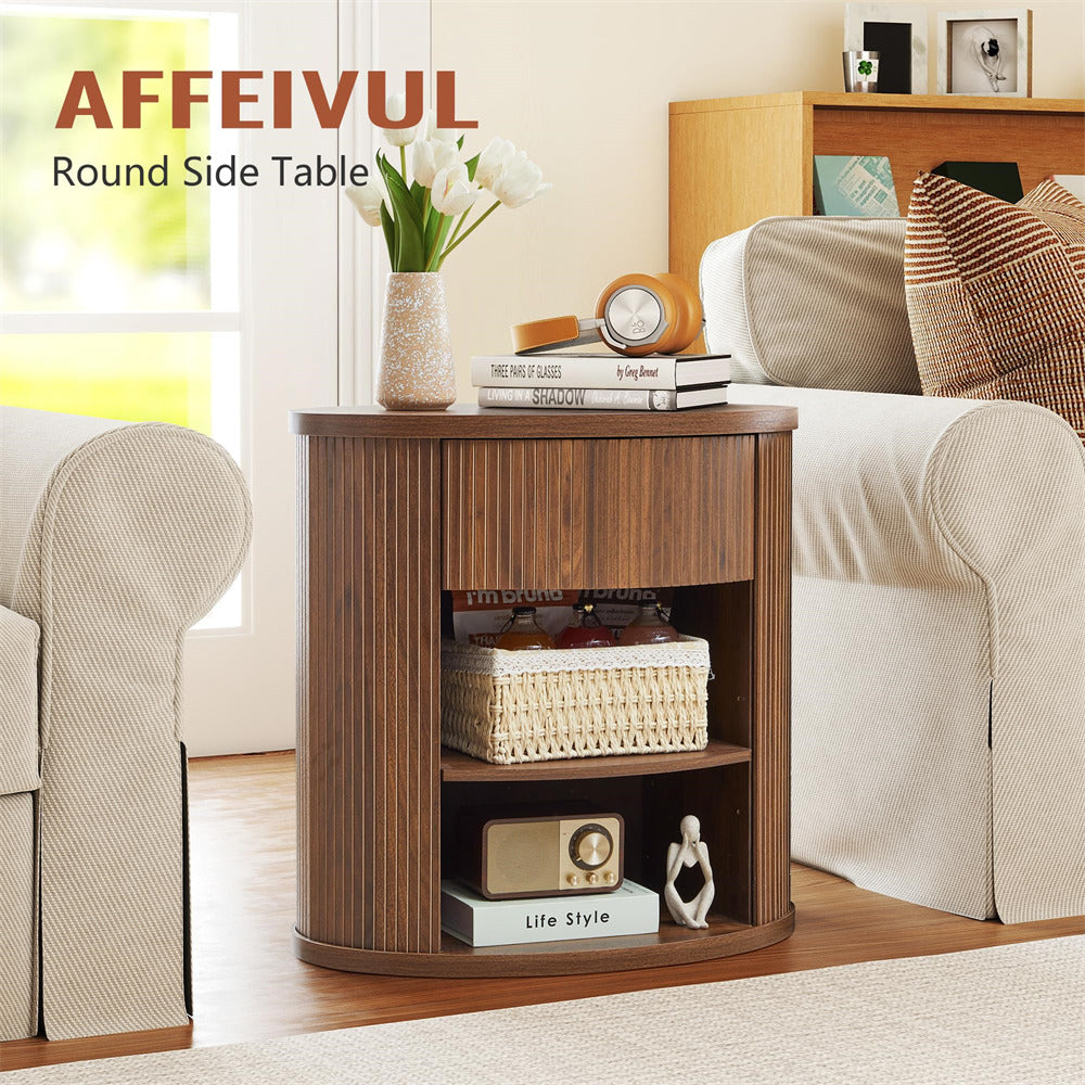 Round side table with decorative items in a living room setting, featuring the brand 'AFFEIVUL'.