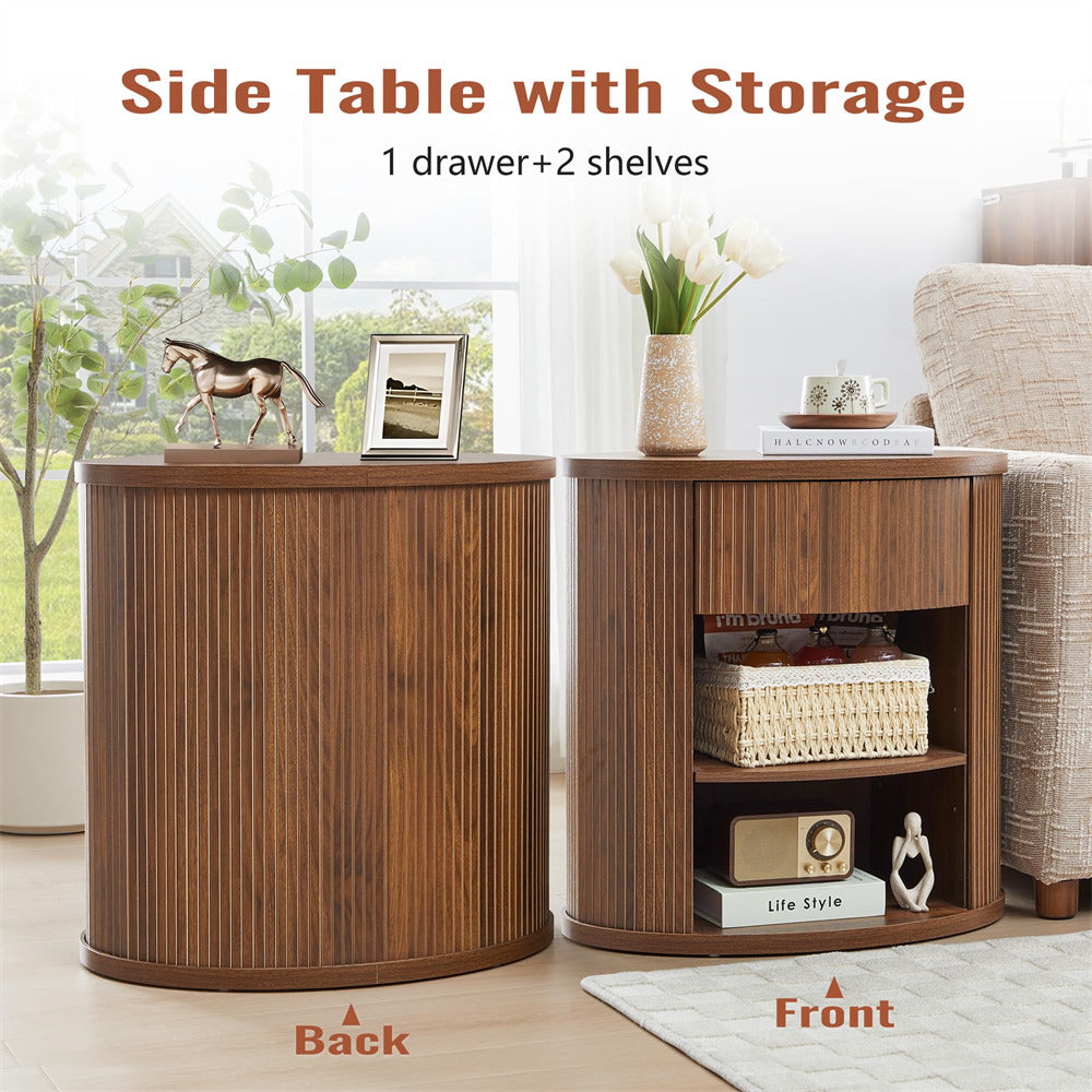 Wooden side table with storage featuring a drawer and two shelves in a living room setting.