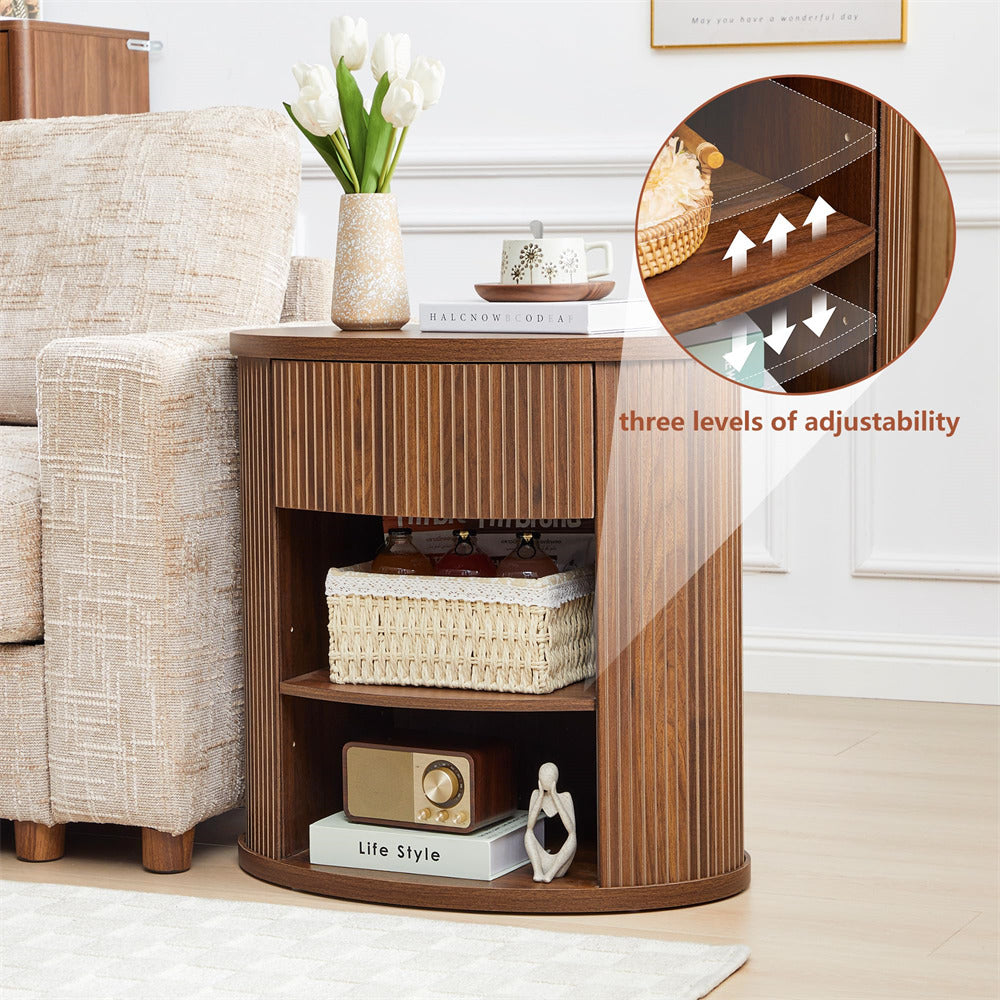 Wooden side table with adjustable shelves in a living room setting