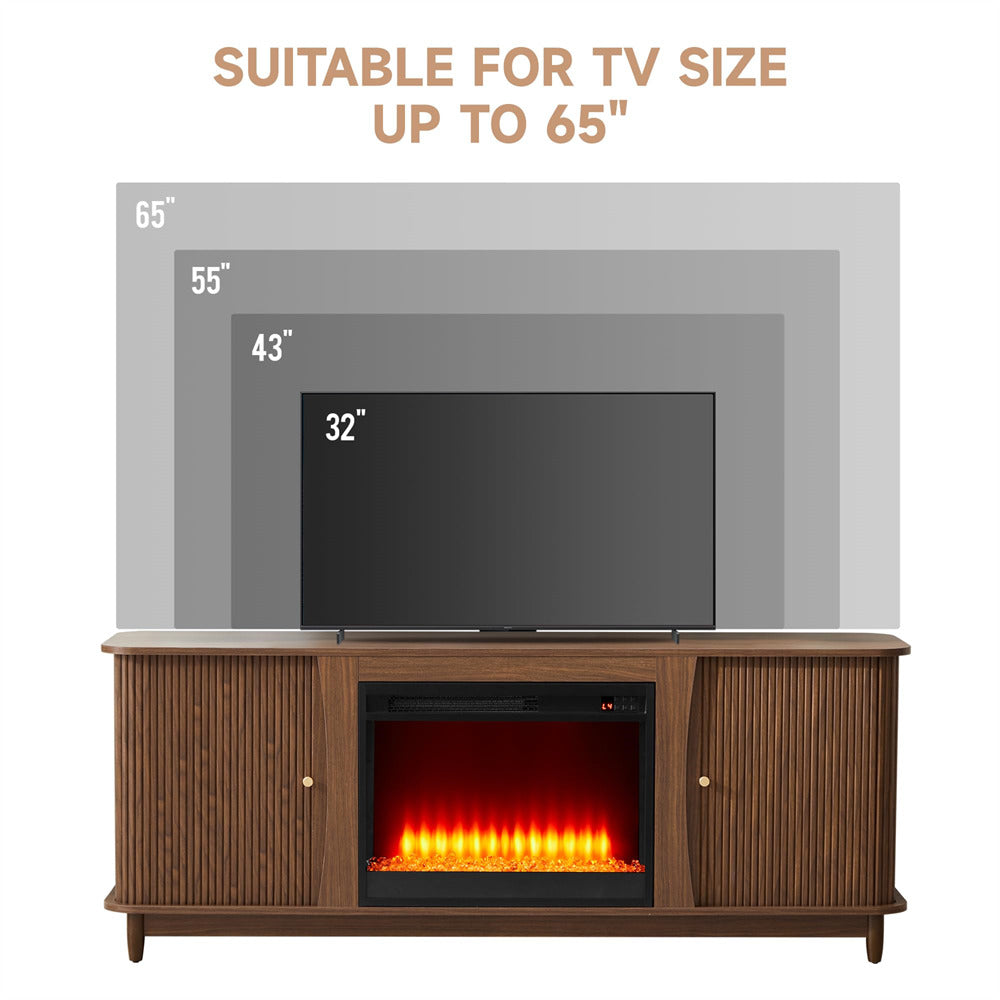 Wooden TV stand with electric fireplace and TV size compatibility indicated.