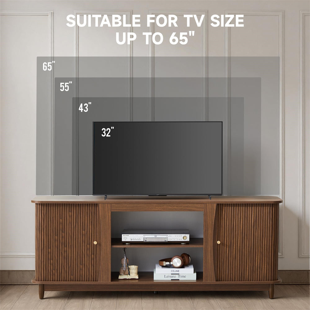 Walnut Fluted Fireplace TV Stand Media Console Table with Storage and Sliding Door