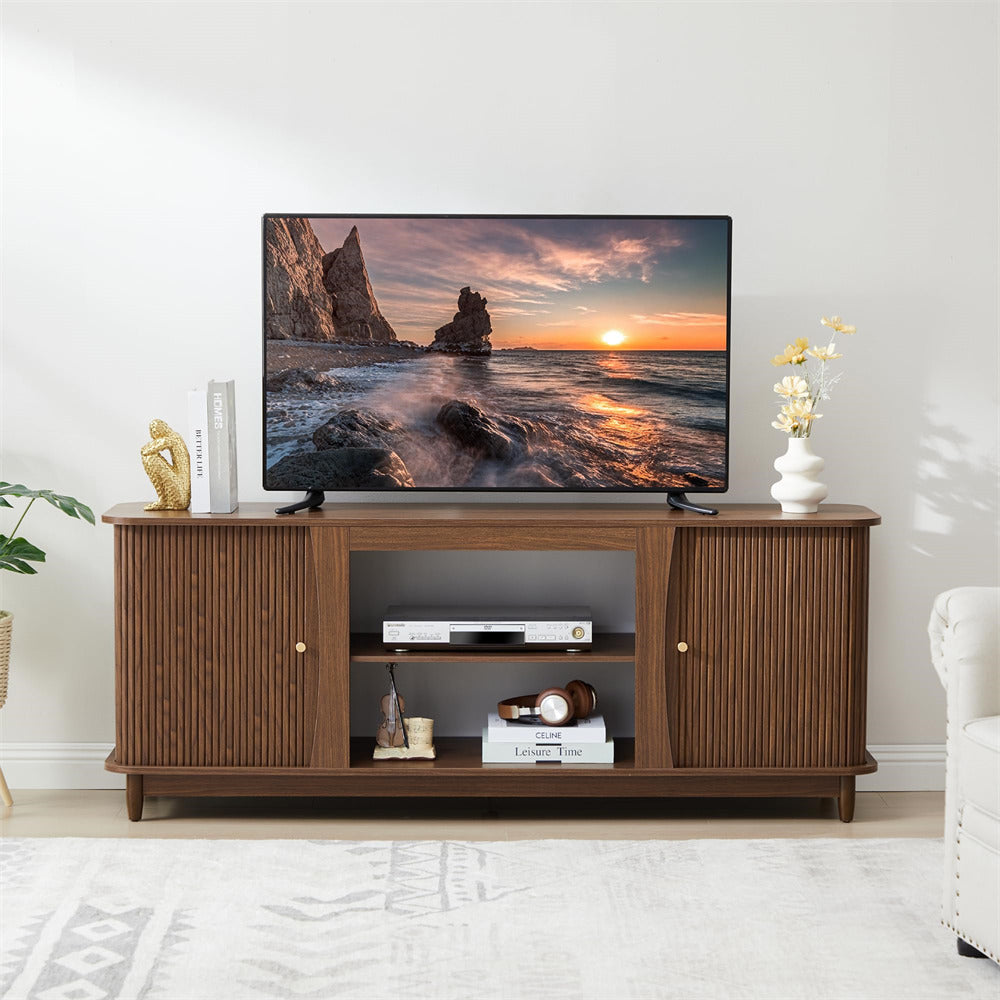 Walnut Fluted Fireplace TV Stand Media Console Table with Storage and Sliding Door
