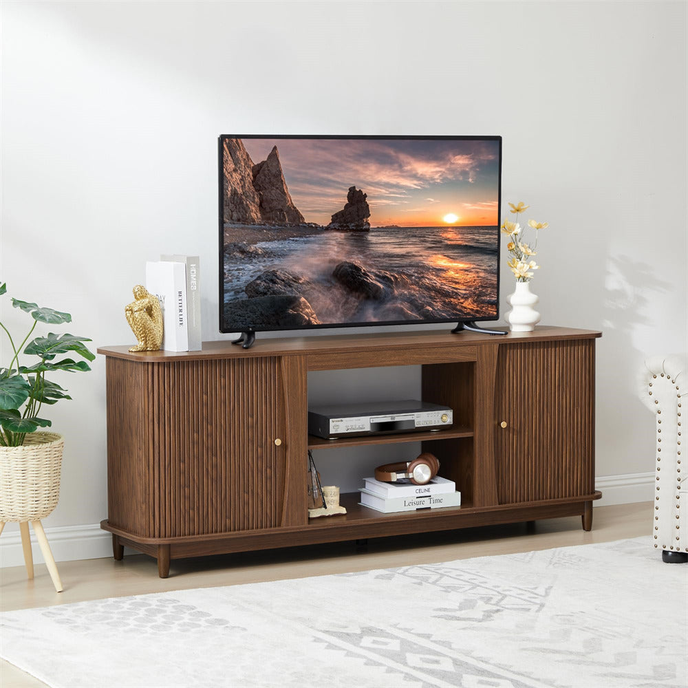 Walnut Fluted Fireplace TV Stand Media Console Table with Storage and Sliding Door